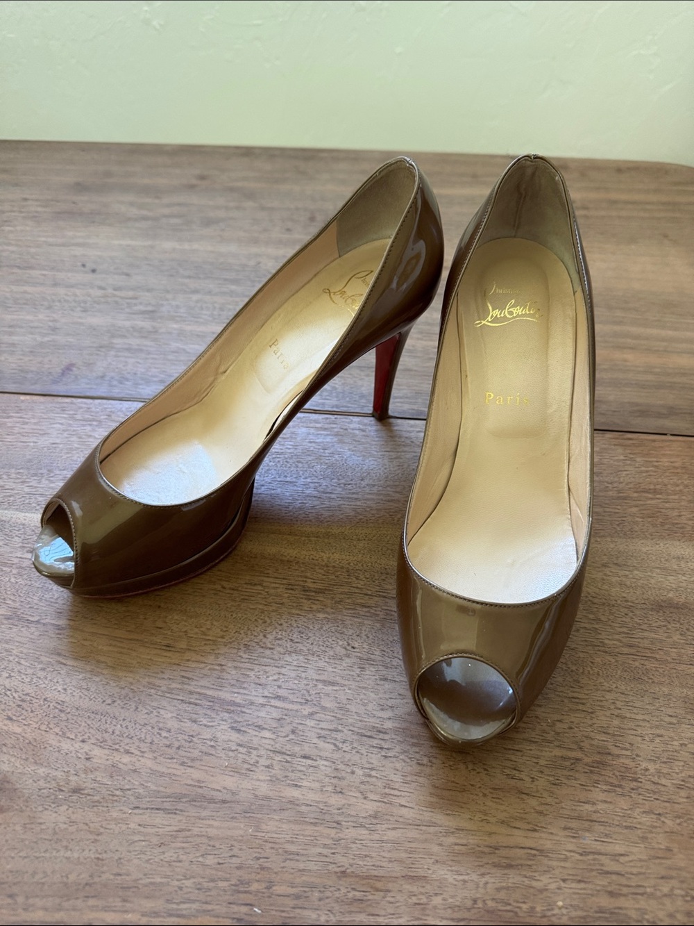 Christian Louboutin Brown Patent Peep-Toe Pumps with Red Soles